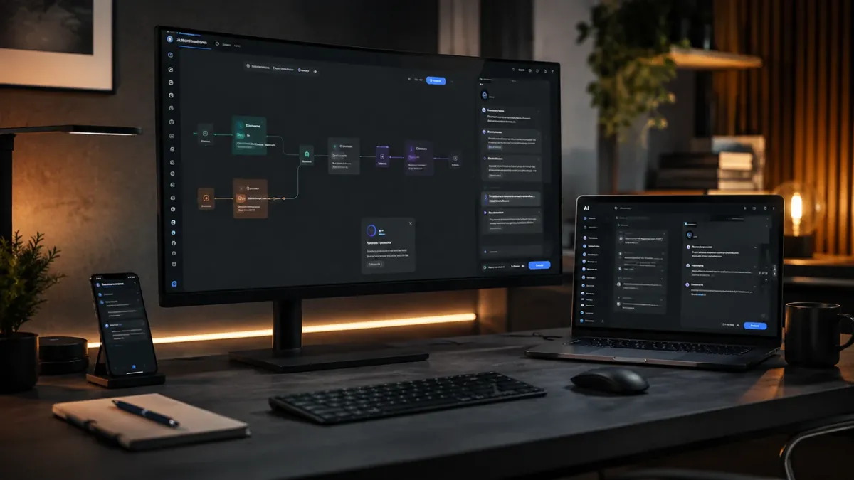 Learning platform workspace with a connected program flow builder on desktop, laptop, and phone