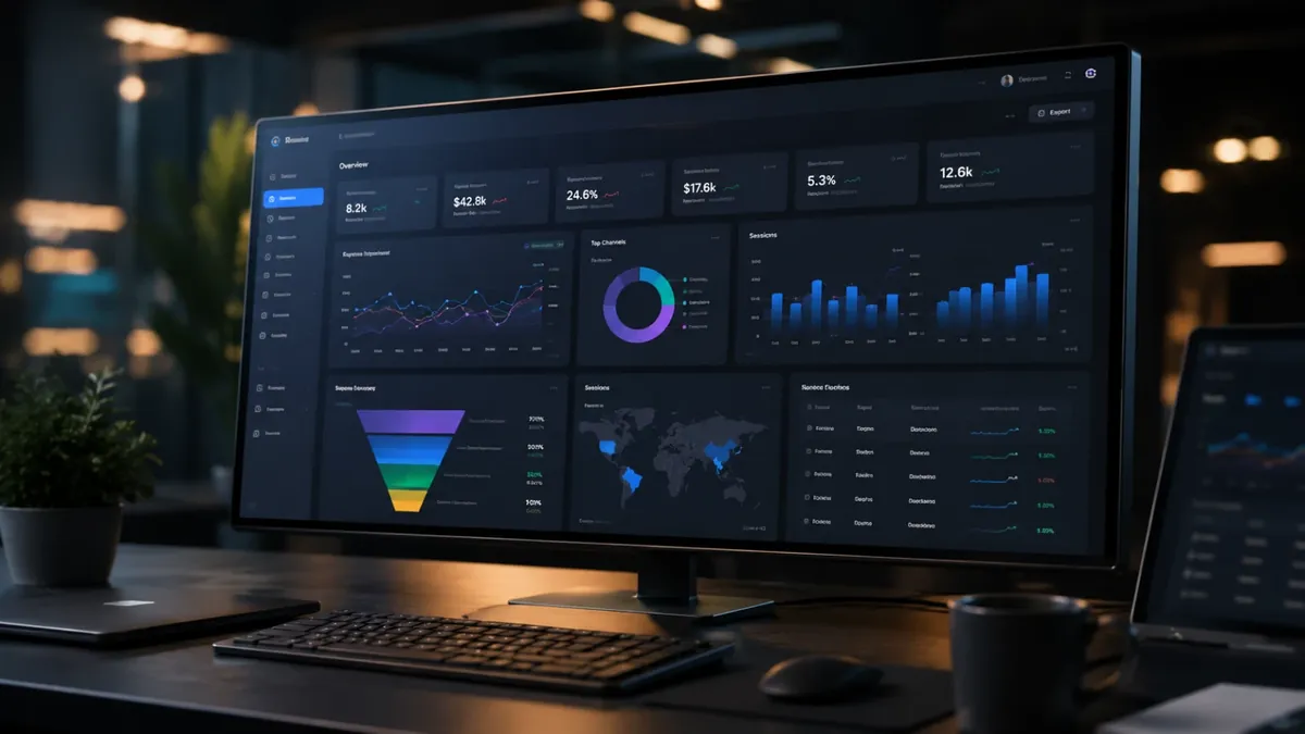 Business intelligence dashboard with funnel, channel, and session analytics on a wide monitor