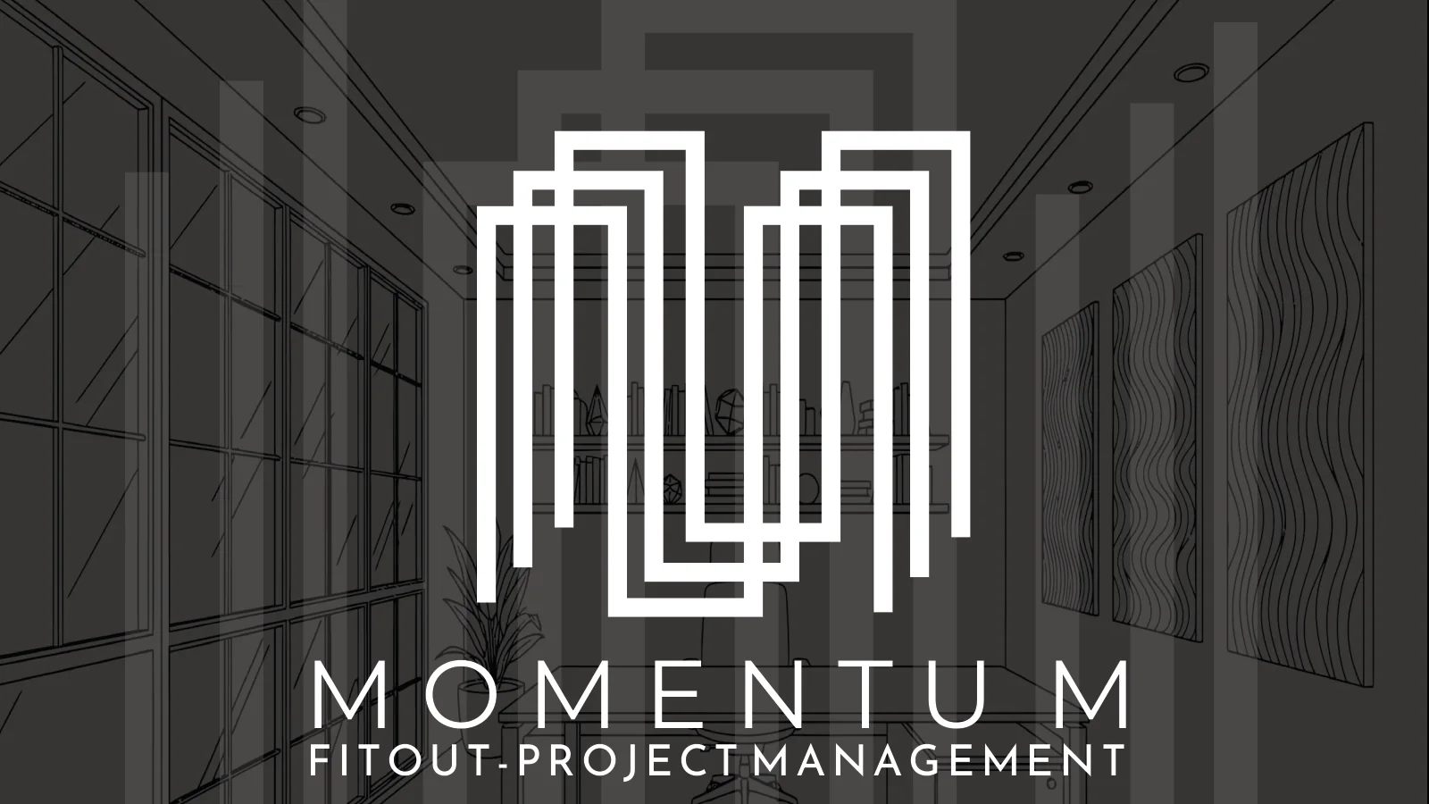 Momentum logo in white over an architectural interior sketch