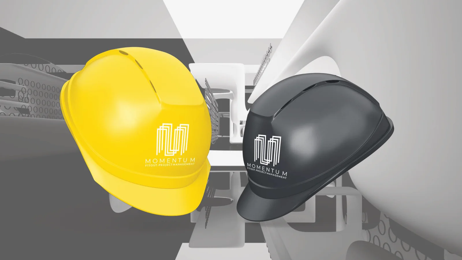 Yellow and black safety helmets carrying the Momentum logo